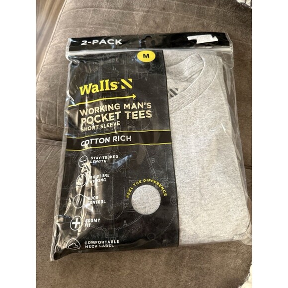 Walls Short Sleeve Working Man's Pocket Tees MEDIUM Gray 2 Pack New In Pkg - Picture 1 of 3
